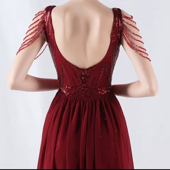 Red Sequin Backless V-Neck Gown - Picture 5 of 9